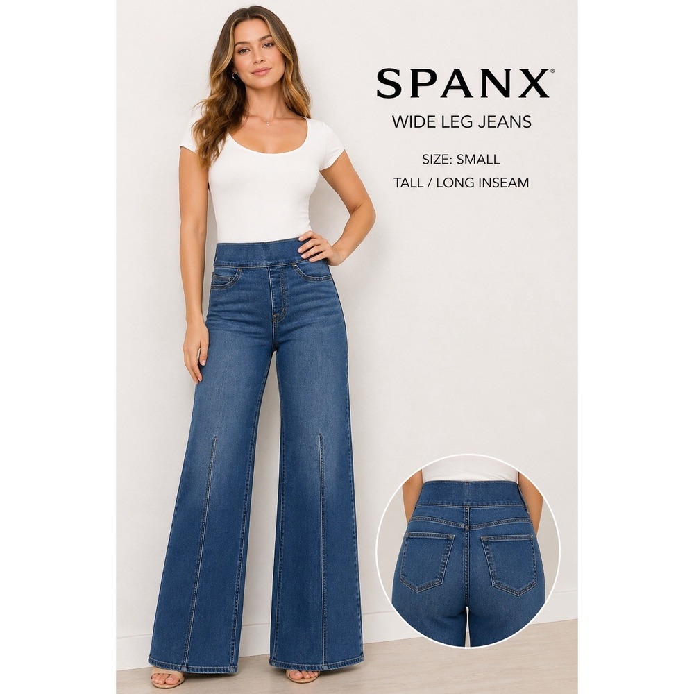 SPANX Jeans Women S Tall Blue Seamed Front Wide Leg High Rise Stretch Denim